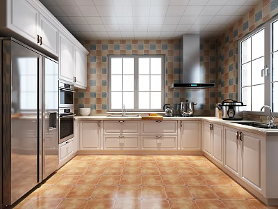 Bright Kitchen Interior With White Cabinets Stainless Steel Refrigerator Tile Floor And Range Hood 3d model