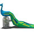 Peacock Shaped Playground Equipment With Blue Yellow Spiral Slide And Metal Cage Structure