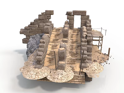 Modern Stone Structure Construction Site With Stone Steps Scaffolding Blocks Sand And Rocks 3d model