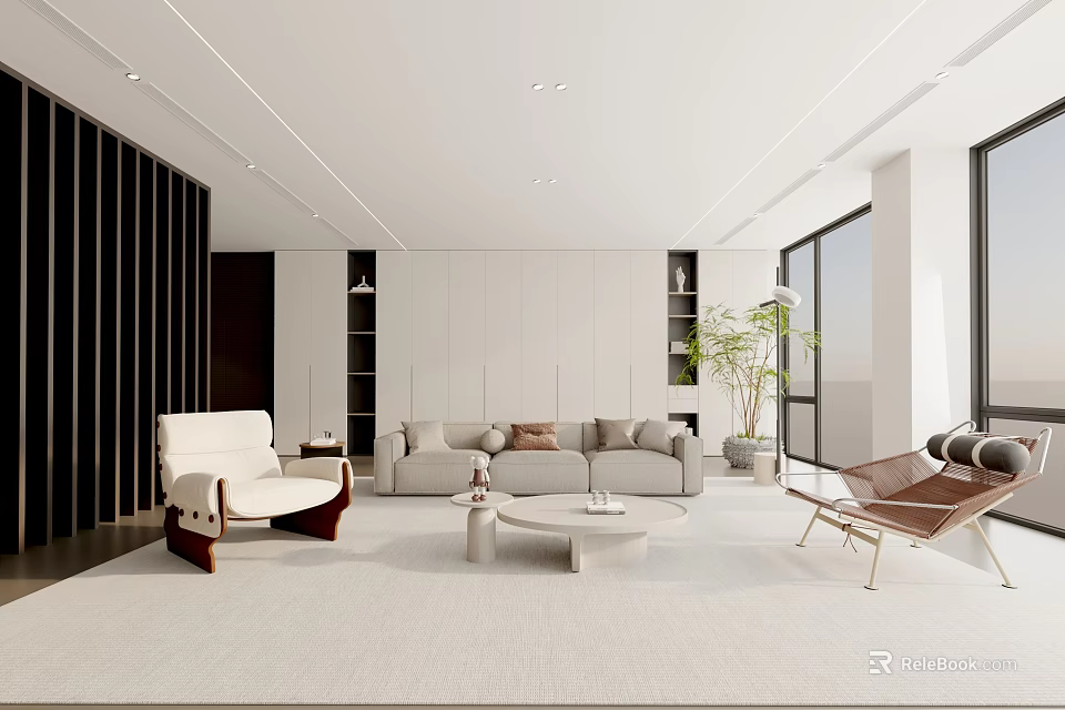 Modern Living Room Interior Design With Beige Sofa Coffee Table And Potted Plant 3d model 