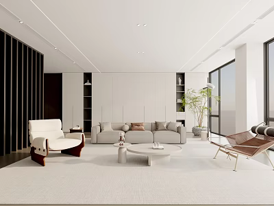 Modern Living Room Interior Design With Beige Sofa Coffee Table And Potted Plant 3d model