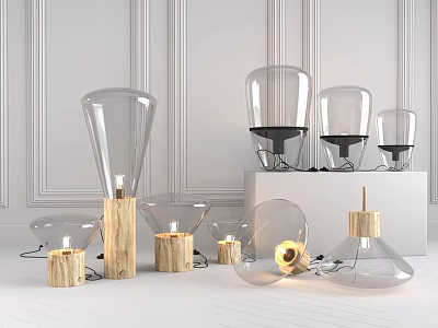 Modern Table Lamps With Glass Shades And Wooden Bases In Various Designs 3d model