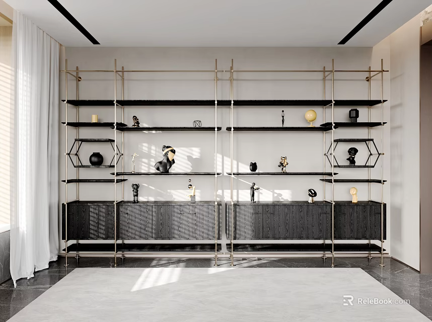 Modern Bookcase Interior Design With Open Shelves Golden Frame And Decorative Items 3d model 