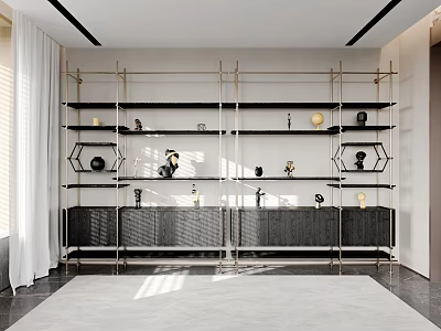 Modern Bookcase Interior Design With Open Shelves Golden Frame And Decorative Items 3d model