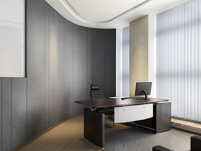 Modern Office Interior With Curved Walls Dark Wooden Desk Computer Chair Large Windows And Blinds 3d model
