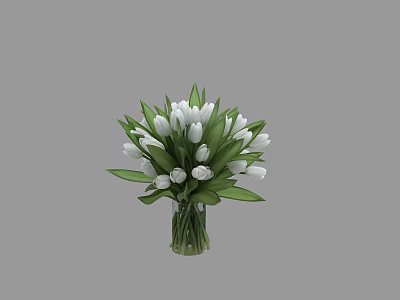 Elegant White Tulips Arrangement In Transparent Glass Vase With Green Leaves 3d model