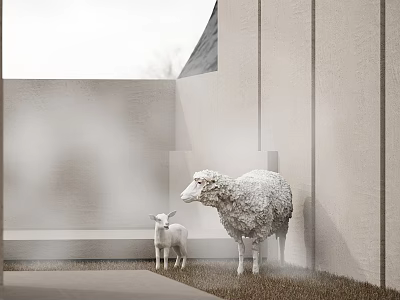 Two Sheep Standing Near Light Colored Wall With Foggy Atmosphere Grassy Ground And Stone Path 3d model