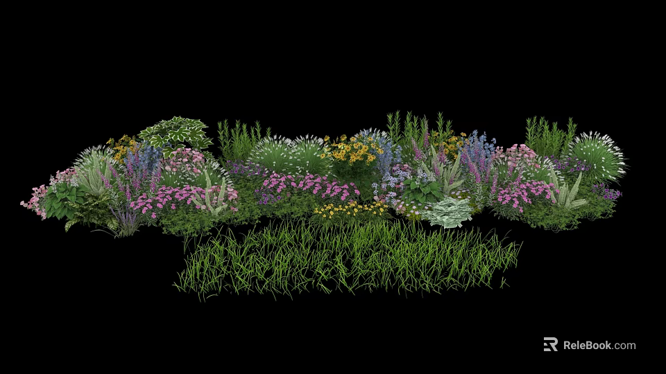 Colorful Flowering Shrubs And Green Grass In Mixed Garden Landscape Design 3d model 