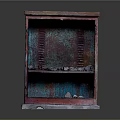 Rusty Old Cabinet With Red Green Rusty Finish And Stones On Shelves
