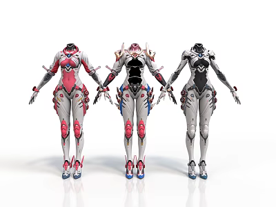 Three Armored Female Figures Standing Together Holding Hands With Futuristic Colored Armor Suits 3d model