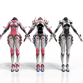 Three Armored Female Figures Standing Together Holding Hands With Futuristic Colored Armor Suits