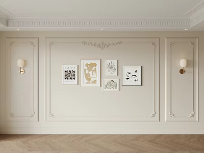 Elegant Interior Wall With Gypsum Cornice Wall Sconces And Art Prints 3d model