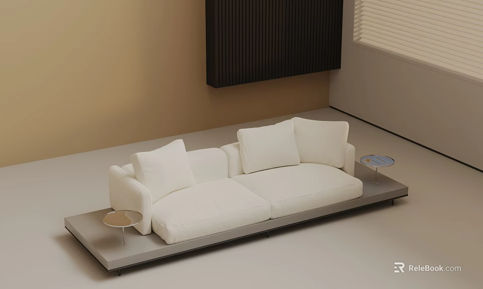 Modern White Three Seater Sofa In Minimalist Interior With Side Tables And Neutral Tones 3d model 