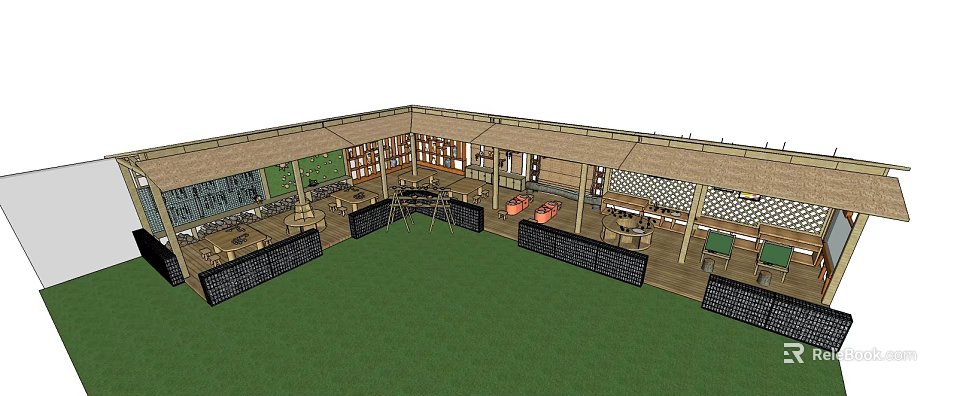 Outdoor Courtyard Design With Green Lawn Wooden Structures And Seating Areas 3d model 