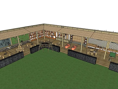 Outdoor Courtyard Design With Green Lawn Wooden Structures And Seating Areas 3d model