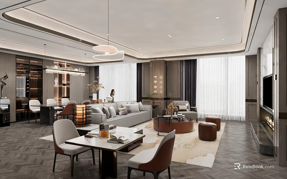 Luxury Hotel Room Interior With Comfortable Sofa Dining Table And Chandelier 3d model 