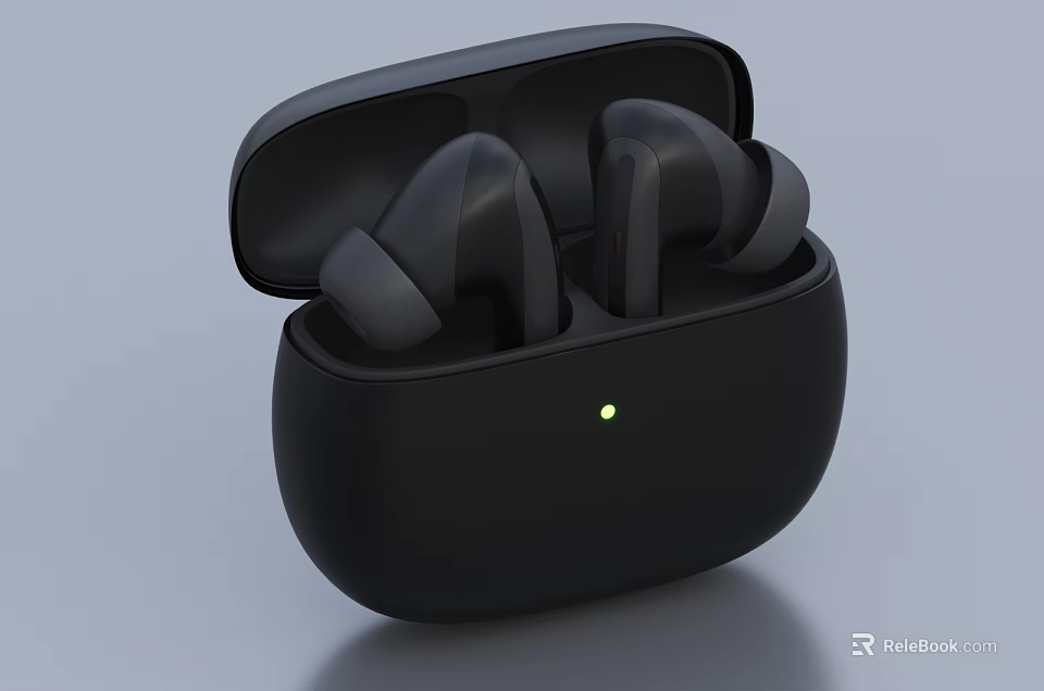 Black Wireless Earbuds with Charging Case Open Lid and Green Indicator Light 3d model 
