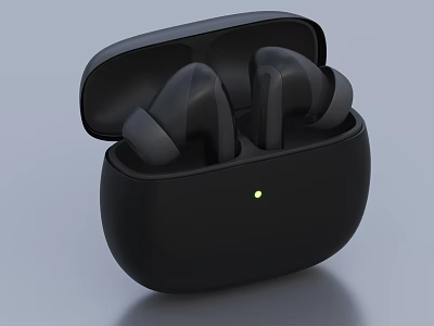 Black Wireless Earbuds with Charging Case Open Lid and Green Indicator Light 3d model