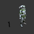 Man Wearing White And Green Armor With Helmet Standing Against Black Background
