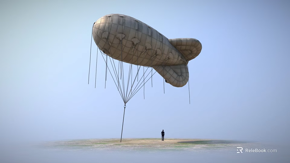 Large Vintage Airship Floating High In Clear Sky With Person Standing On Ground 3d model 