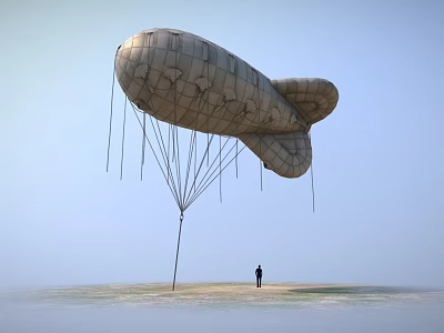 Large Vintage Airship Floating High In Clear Sky With Person Standing On Ground 3d model