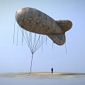 Large Vintage Airship Floating High In Clear Sky With Person Standing On Ground