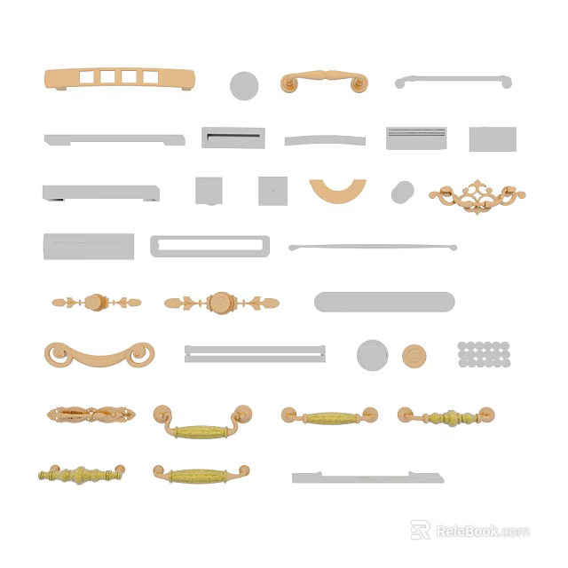 Door Handles Featuring Curved Straight And Ornate Designs In Various Metallic Styles 3d model 