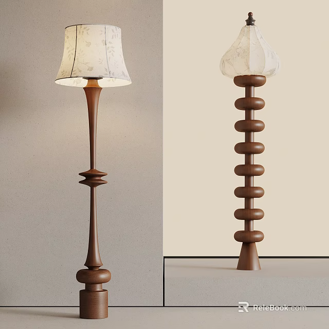 Modern Wooden Floor Lamps With White Patterned Lampshades And Unique Pole Structures 3d model 