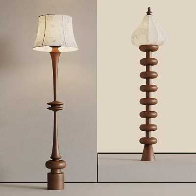 Modern Wooden Floor Lamps With White Patterned Lampshades And Unique Pole Structures 3d model