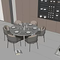 Round Dining Table Set with Gray Modern Chairs Tableware Cabinets Wine Rack And Plants 3d model