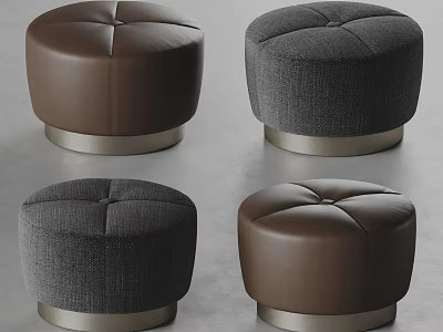 Modern Brown Leather and Gray Fabric Ottomans with Sleek Metal Base Design 3d model