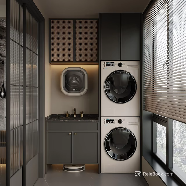 Modern Balcony Cabinet Interior With Washing Machine Dryer Sink And Blinds 3d model 