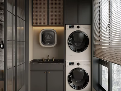 Modern Balcony Cabinet Interior With Washing Machine Dryer Sink And Blinds 3d model