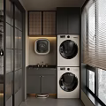 Modern Balcony Cabinet Interior With Washing Machine Dryer Sink And Blinds