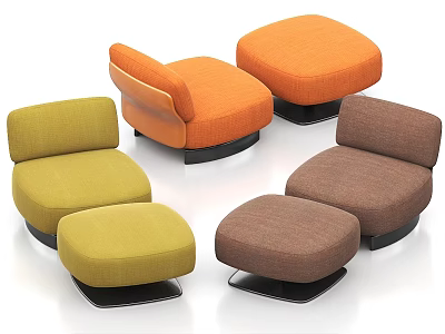 Modern Lounge Chairs With Green Orange Brown Upholstery And Ottoman Stools 3d model