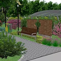 Residential Landscape Design With Circular Plaza Green Lawn Trees Pathways And People