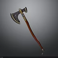Ornate Decorative Axe With Black Head Intricate Patterns And Red Handle