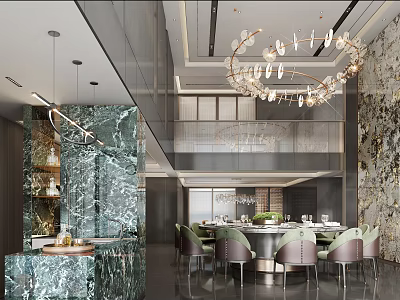 Elegant Modern Restaurant Interior With Green Marble And Chandelier Dining Table 3d model
