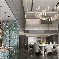 Elegant Modern Restaurant Interior With Green Marble And Chandelier Dining Table