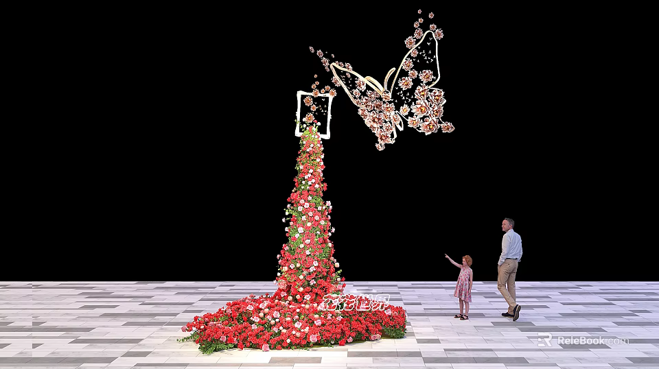Butterfly Shaped Floral Installation With Tall Flower Arrangement And People Interacting On Checkerboard Floor 3d model 
