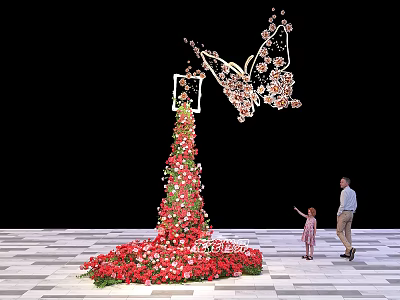 Butterfly Shaped Floral Installation With Tall Flower Arrangement And People Interacting On Checkerboard Floor 3d model