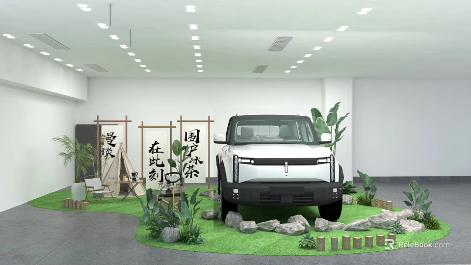 Ideal Photo Check In Spot With White Car Green Plants Chinese Screen And Indoor Decor 3d model 