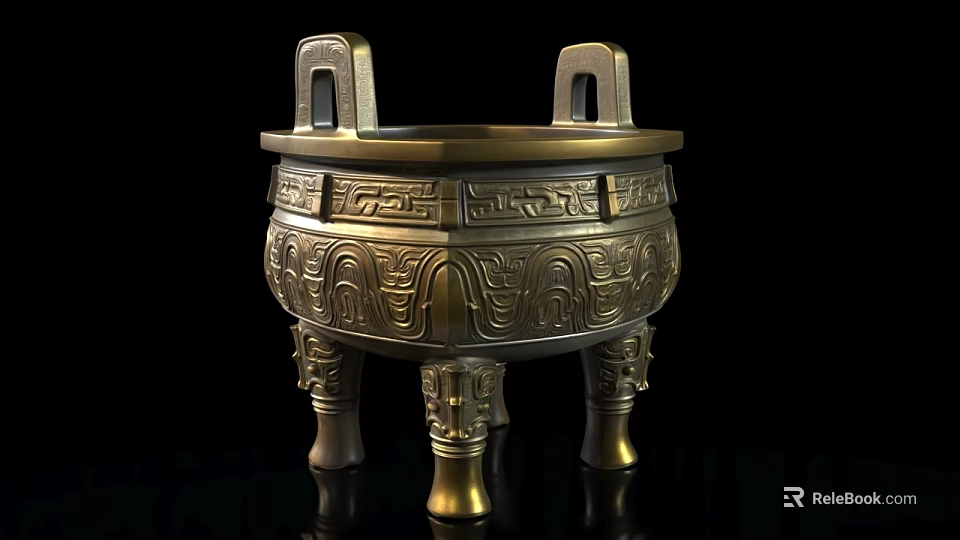 Ancient Bronze Tripod Cauldron With Intricate Carvings And Three Legs On Black Background 3d model 
