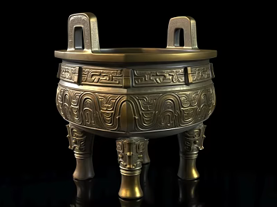 Ancient Bronze Tripod Cauldron With Intricate Carvings And Three Legs On Black Background 3d model