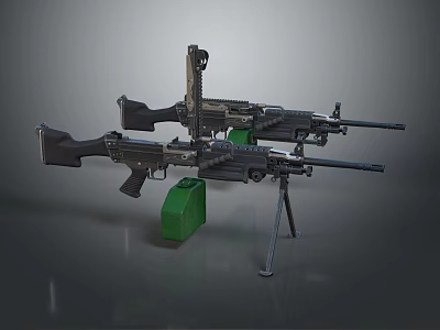 Military Machine Guns With Green Ammunition Boxes And Tripods 3d model