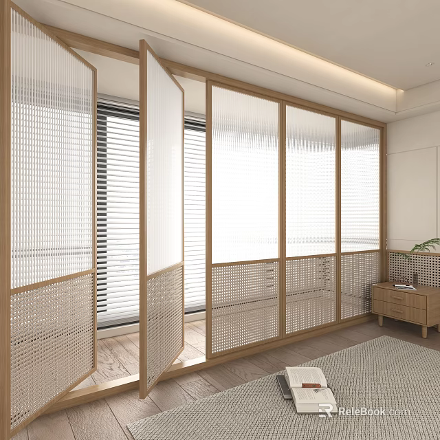 Modern Interior Featuring Wooden Frame Room Divider Screens With Woven Details 3d model 