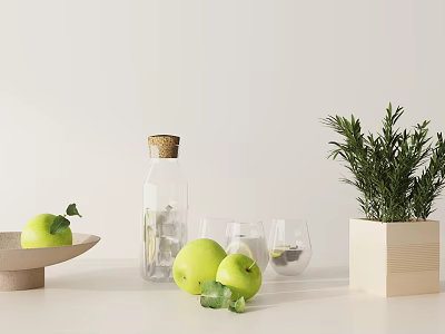 Minimalist Decorative Ornament Set With Fresh Apples Transparent Bottle Glassware And Wooden Rosemary Planter 3d model