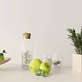 Minimalist Decorative Ornament Set With Fresh Apples Transparent Bottle Glassware And Wooden Rosemary Planter