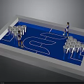 Basketball Court With Blue Surface And Stacked Metal Barrels Setup