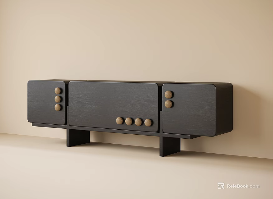 Modern Black TV Stand With Round Knobs And Sleek Sturdy Design 3d model